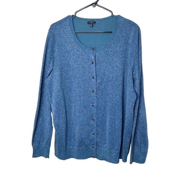 Talbots Women Plus 2X Button Front Cardigan Sweater Blue Silver Shimmer Sparkle - Picture 1 of 11